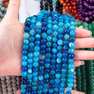 नीली धारीदार अजात ढीली मोती के स्ट्रैंड DIY आभूषण बनाने के लिए अर्द्ध कीमती पत्थर