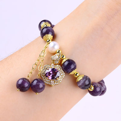 10mm Bead Dream Amethyst Stone Stretch Bracelets With Purple Bling Bling Charm 10 मिमी मोती सपना अमीथिस्ट पत्थर खिंचाव कंगन बैंगनी ब्लिंग आकर्षण के साथ