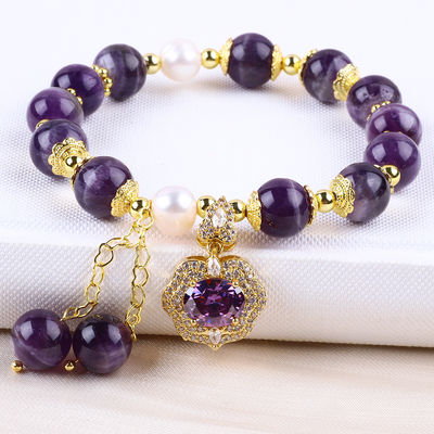 10mm Bead Dream Amethyst Stone Stretch Bracelets With Purple Bling Bling Charm 10 मिमी मोती सपना अमीथिस्ट पत्थर खिंचाव कंगन बैंगनी ब्लिंग आकर्षण के साथ