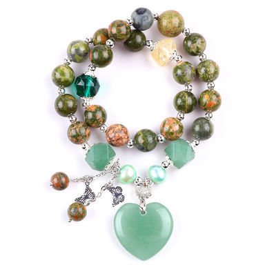 हस्तनिर्मित रत्न मोती कंगन प्राकृतिक Unakite पत्थर कंगन समायोज्य दिल ग्रीन Aventurine आकर्षण कंगन पी के लिए