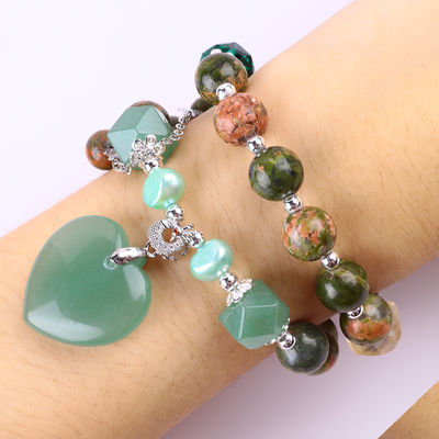 हस्तनिर्मित रत्न मोती कंगन प्राकृतिक Unakite पत्थर कंगन समायोज्य दिल ग्रीन Aventurine आकर्षण कंगन पी के लिए